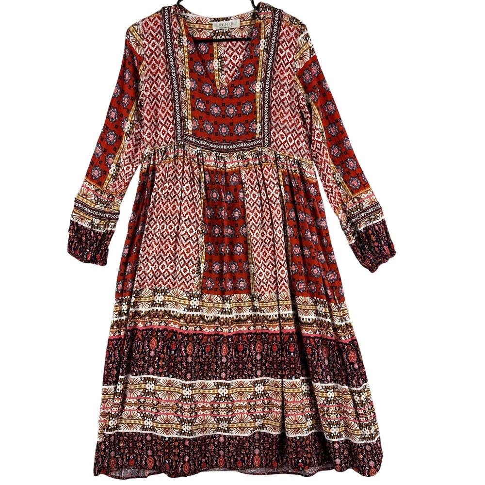 Brass & Roe Womens Boho Border Print Midi Dress SZ S Rust Multicolor Long Sleeve